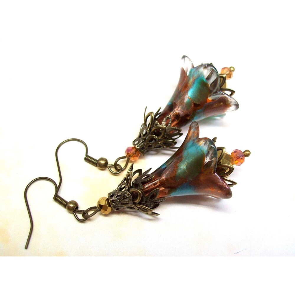 Boho Flower Earrings, Lucite Vintage Style, Antique Bronze, Artisan Crafted, Flo